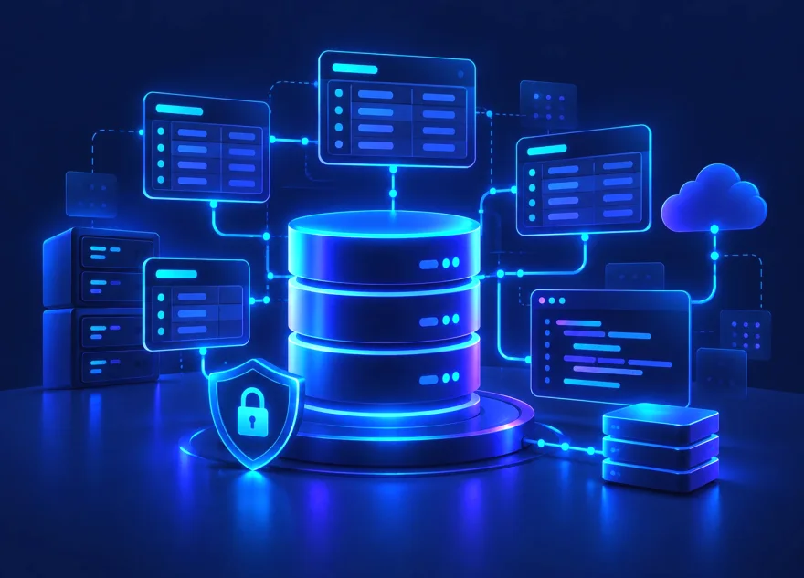 A large database store linked to data tables and server units, with a padlock shield in front