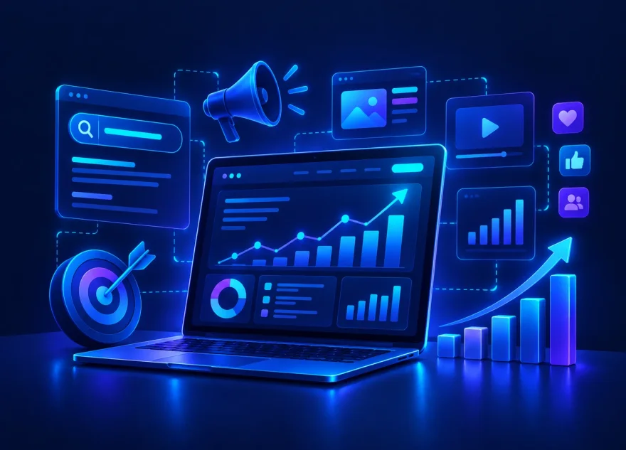 A laptop showing a rising analytics chart, with a search bar, a megaphone and social engagement tiles around it