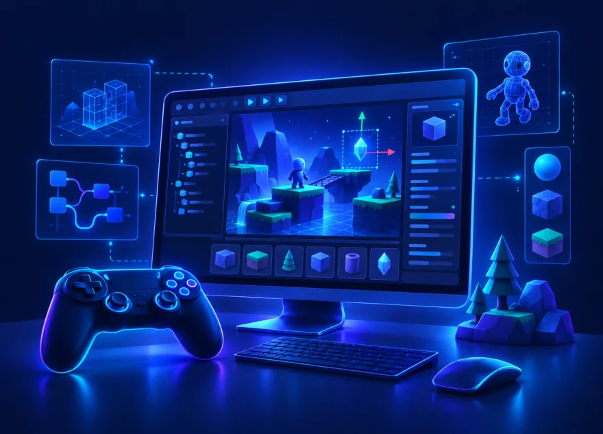A game engine on screen with a three-dimensional level, asset panels and a controller on the desk