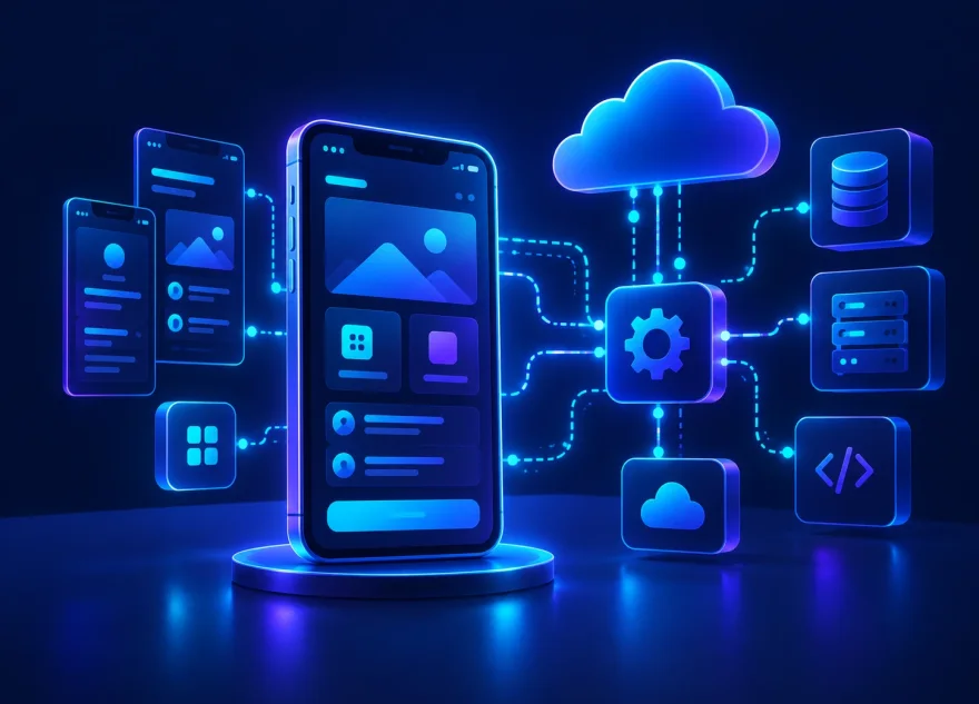 A smartphone app linked by dotted connections to a cloud, a settings hub, a database and server units