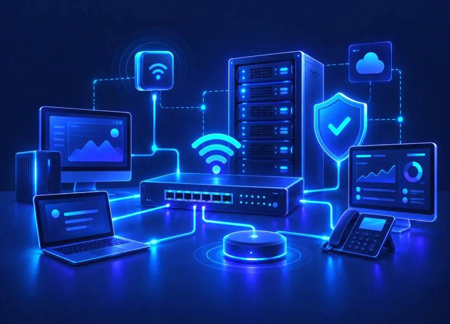 A network switch wired to a server rack, Wi-Fi point, computers and a desk phone, with a security shield