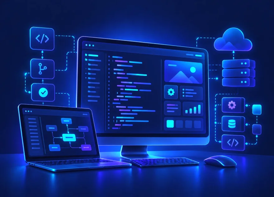 A code editor on a monitor beside a laptop showing a flow diagram, linked to build, cloud and database steps