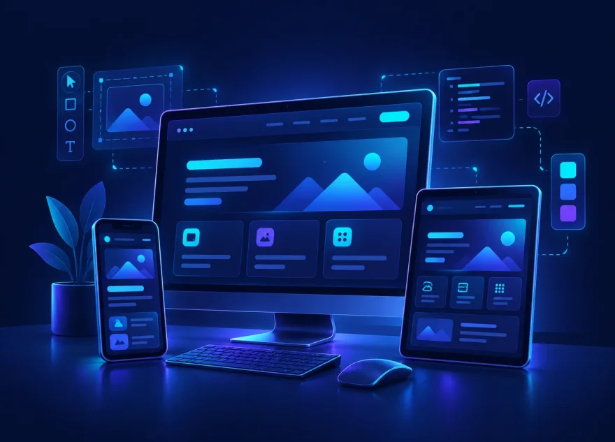A desktop monitor, phone and tablet showing the same website layout, beside a page design toolbar